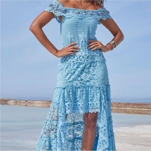 Boston Proper | Boho Western Beaded Lace High Low Off The Shoulder Maxi Dress